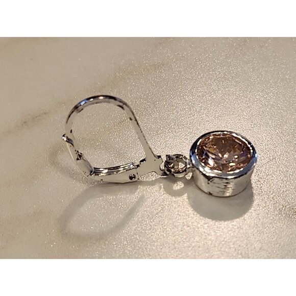 Sterling Silver Leverback Earrings With Round Champagne CZ Drop - Picture 5 of 5